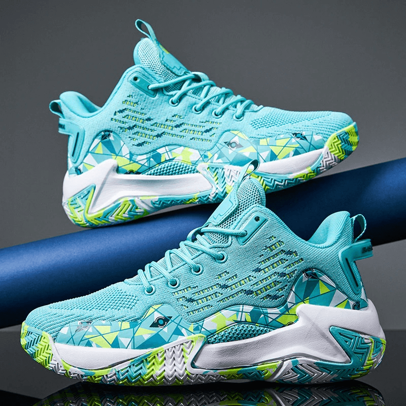 Vibrant teal breathable mesh sports shoes with geometric design, featuring cushioning EVA insoles and reliable rubber traction outsole.